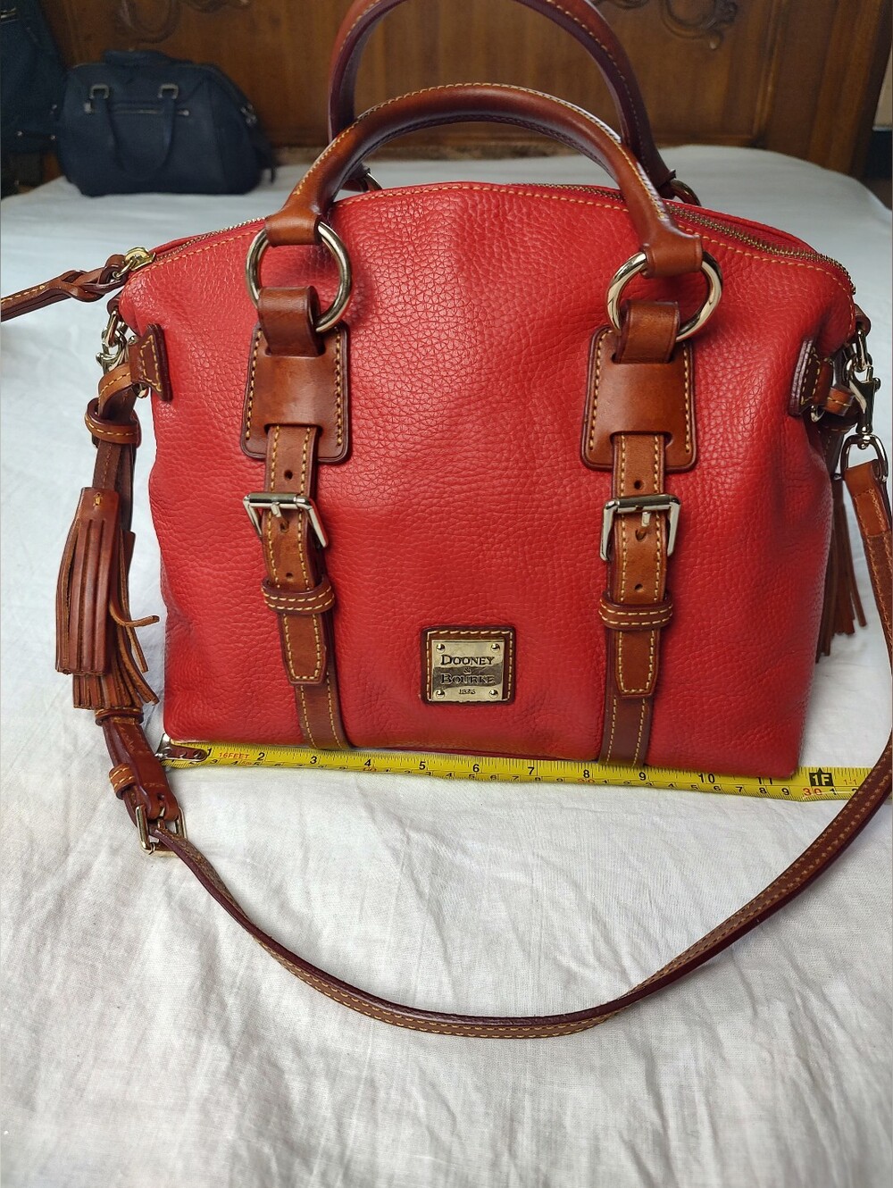 Dooney & Bourke Red Satchel Brown Trim  Leather Bristol Pebble Tassel